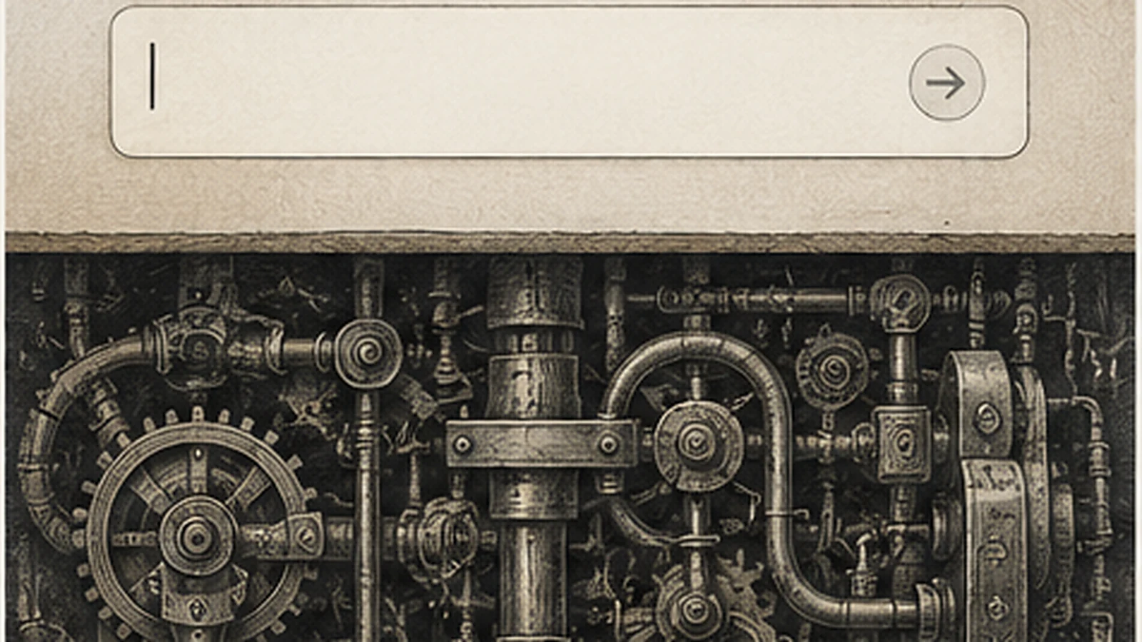 An empty text field above a dense engraving of gears, pipes and linkages