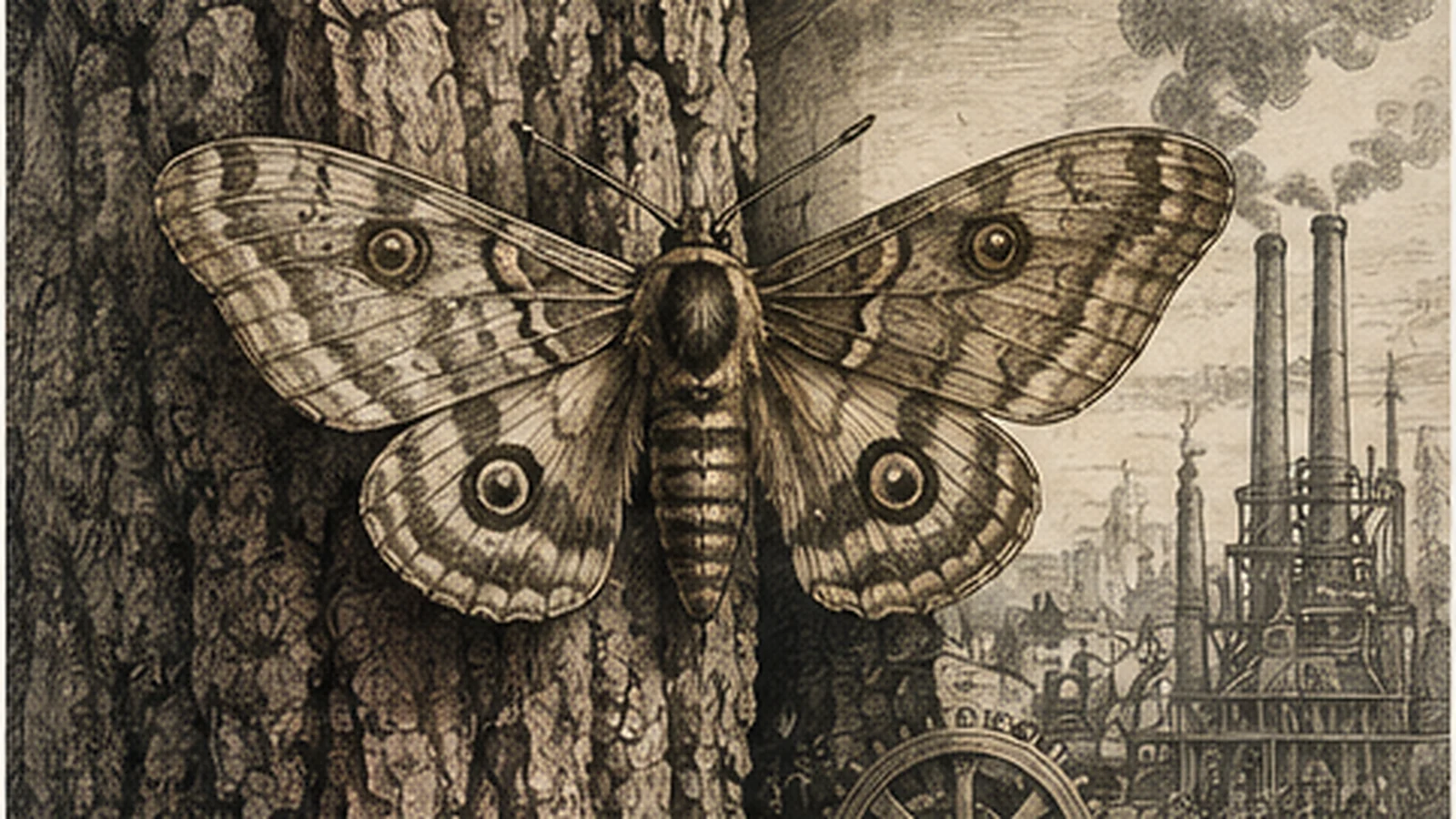 Engraving of a peppered moth on soot-darkened bark, industrial chimneys beyond